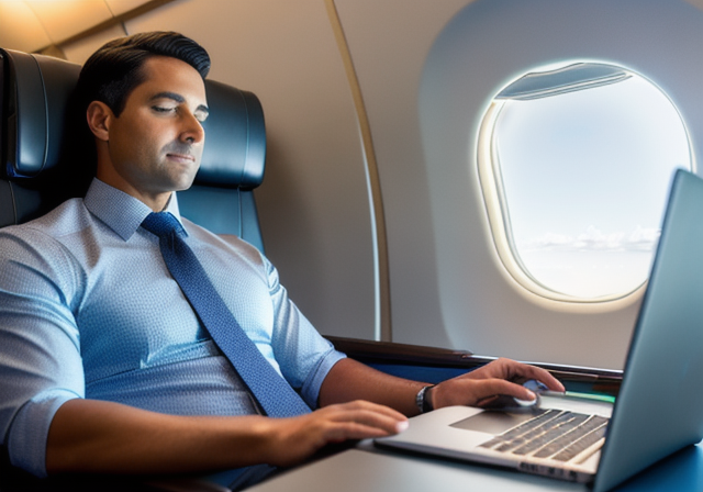 Businessman working on a laptop in a private aircraft